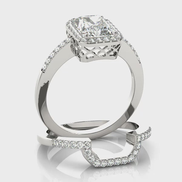 Halo Pavé Knife Edge Filigree Emerald Cut Engagement Ring