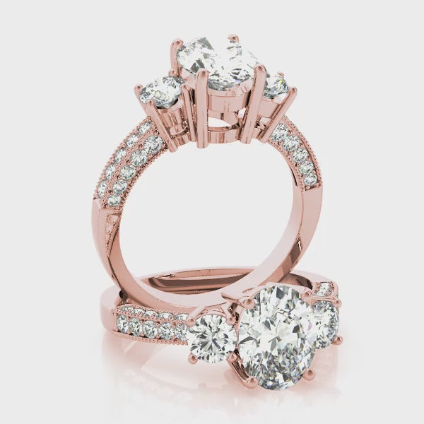 Three stones Oval engagement ring with Three sided Pavé