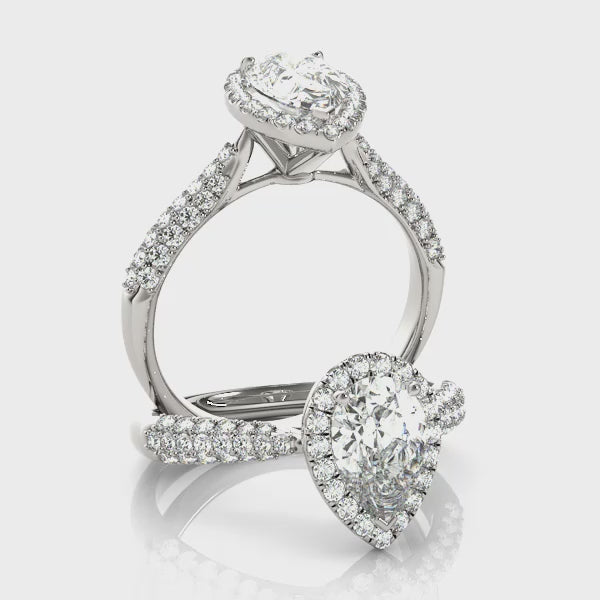 Three Rows Pavé Tapered Halo Pear Shape Engagement Ring