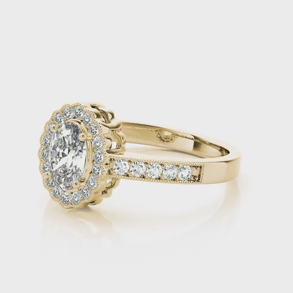 Vintage Floral Oval Halo Channel Engagement Ring