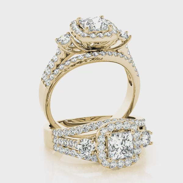 Three Stones Trellis Multi Rows Split Shank Princess Cut Engagement Ring