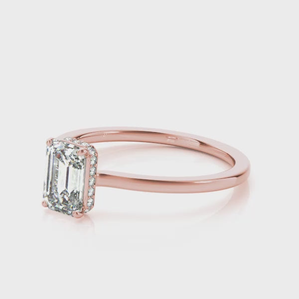 Classic Solitaire Hidden Halo Emerald Cut Engagement Ring