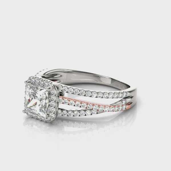 Multi Row Free Form Halo Princess Cut Engagement Ring