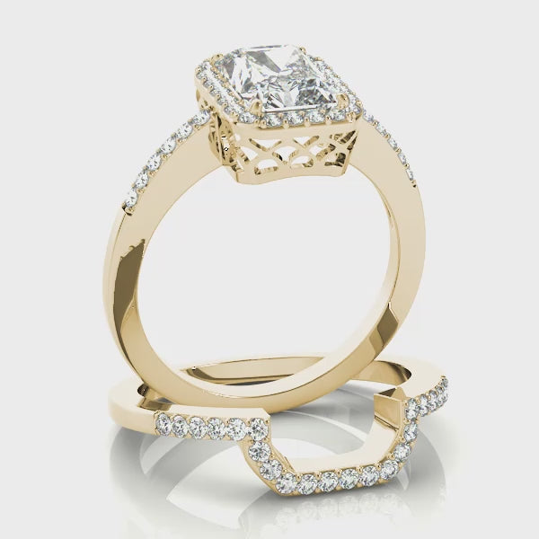 Halo Pavé Knife Edge Filigree Emerald Cut Engagement Ring