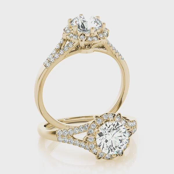 Round Diamond Pavé Halo And Split Shank Engagement Ring