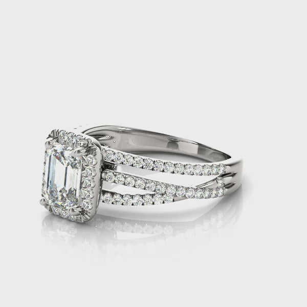 Halo Multi Row Twist Emerald Cut Engagement Ring