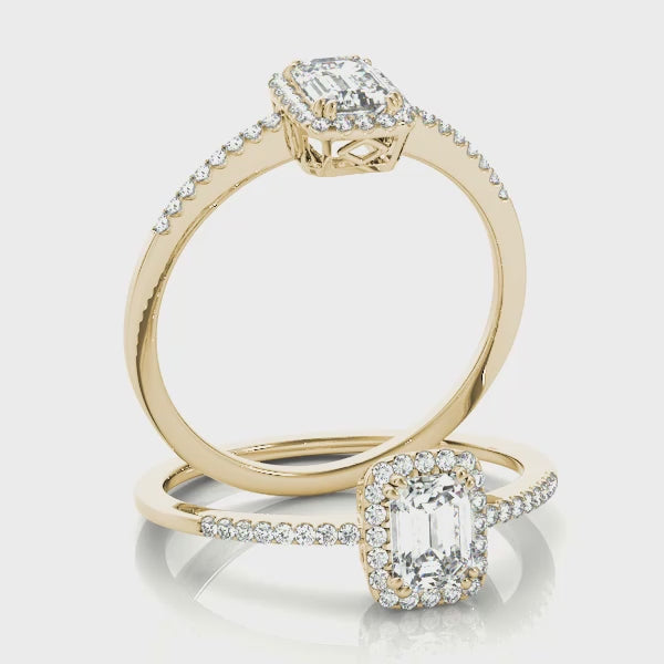 Halo with Pavé Shank Emerald Cut Engagement Ring