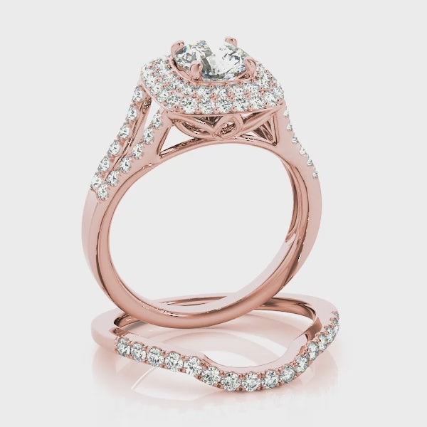 Double Halo Pavé Split Shank Lotus Round Engagement Ring