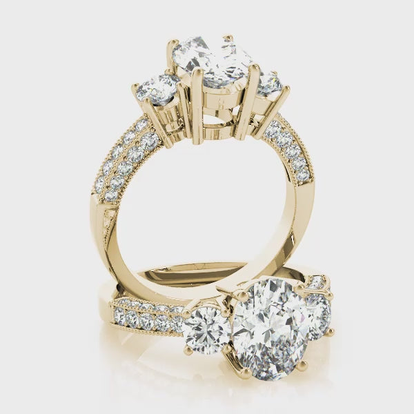 Three stones Oval engagement ring with Three sided Pavé