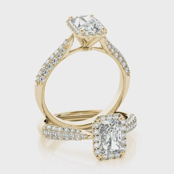 Three Rows Pavé Tapered Halo Emerald Cut Engagement Ring