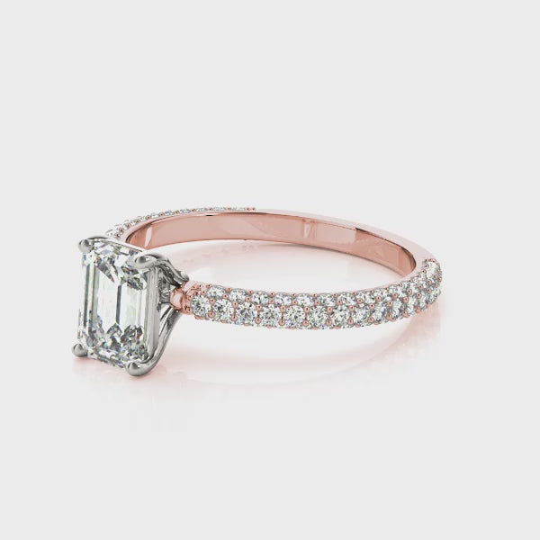 Three Rows Pavé Solitaire Emerald Cut Engagement Ring