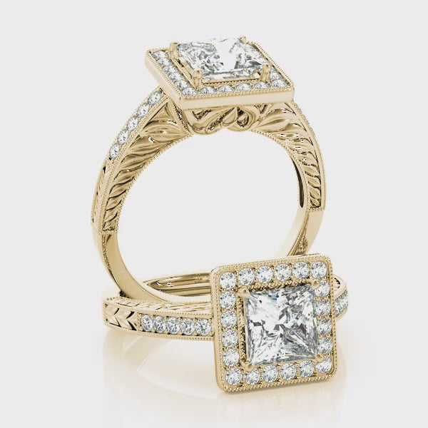 Vintage Halo Bezel Channel set Princess Cut Engagement Ring