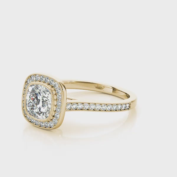 Bezel Halo Channel Pavé Wrapped Cushion Engagement Ring