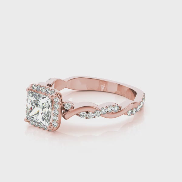 Pavé Twisted Shank Halo Princess Cut Engagement Ring