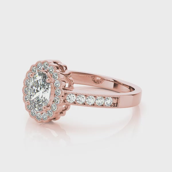 Vintage Floral Oval Halo Channel Engagement Ring