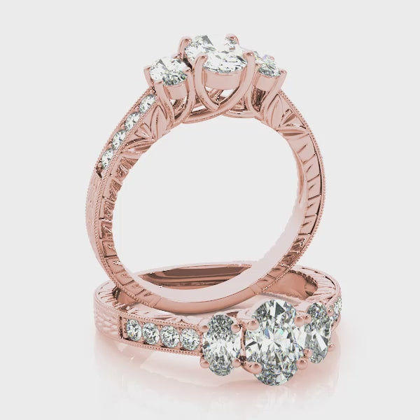 Vintage Trellis Tulip Channel Three stones Oval Engagement Ring
