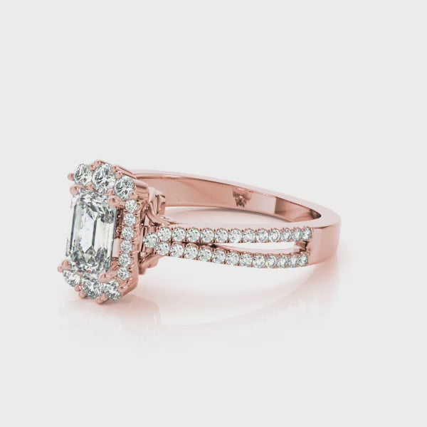 Royal Halo Pavé Split Shank Emerald Cut Engagement Ring