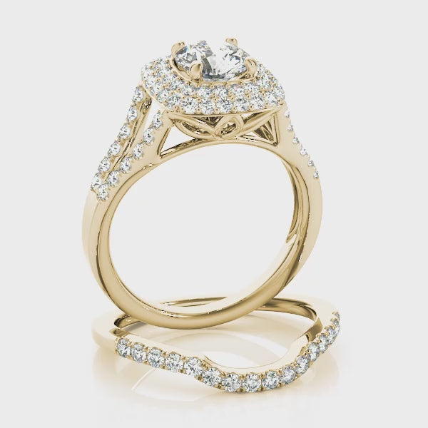 Double Halo Pavé Split Shank Lotus Round Engagement Ring