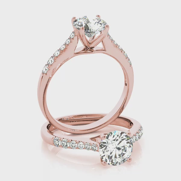 Four Prongs Tapered Pavé Cathedral Round Engagement Ring