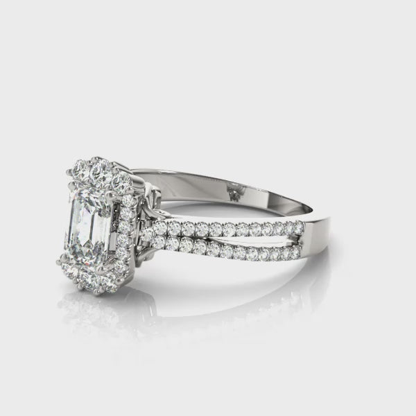 Royal Halo Pavé Split Shank Emerald Cut Engagement Ring