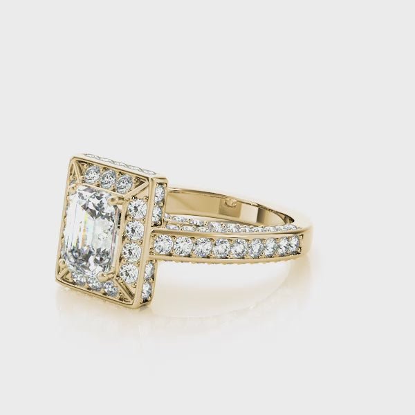 Halo Pavé Bridge Accent Emerald Cut Engagement Ring