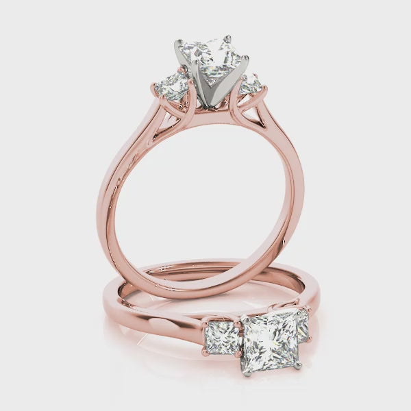 High Profile Three Stones Trellis Princess Cut Engagement Ring