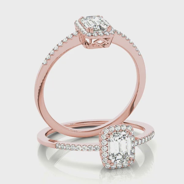 Halo with Pavé Shank Emerald Cut Engagement Ring