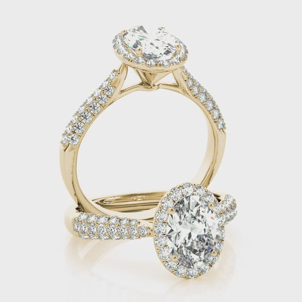 Tapered Three Rows Pavé Halo Oval Engagement Ring