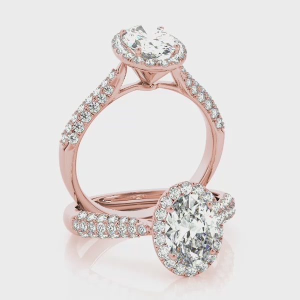 Tapered Three Rows Pavé Halo Oval Engagement Ring