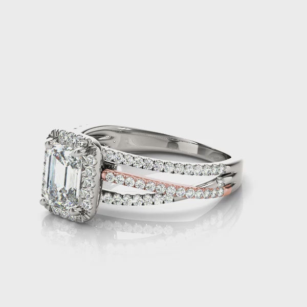 Halo Multi Row Twist Emerald Cut Engagement Ring