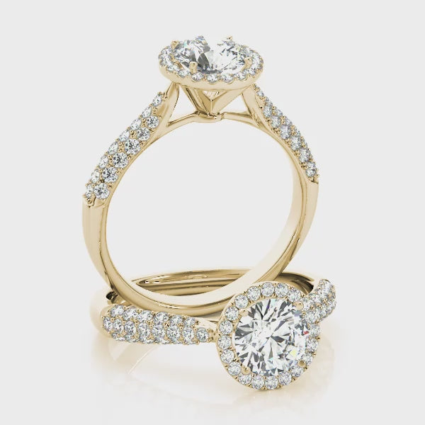 Halo Reverse Tapered Three Rows Pavé Round Engagement Ring