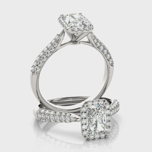 Three Rows Pavé Tapered Halo Emerald Cut Engagement Ring