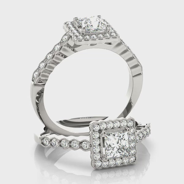 Halo Milgrain Princess Cut Engagement Ring