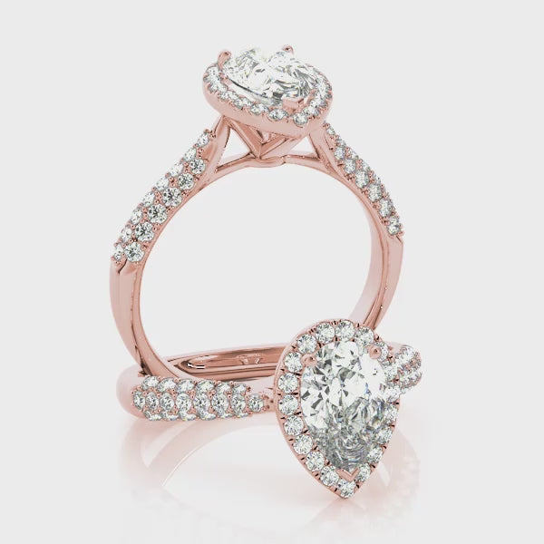 Three Rows Pavé Tapered Halo Pear Shape Engagement Ring