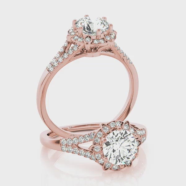 Round Diamond Pavé Halo And Split Shank Engagement Ring