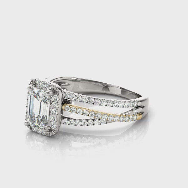 Halo Multi Row Twist Emerald Cut Engagement Ring