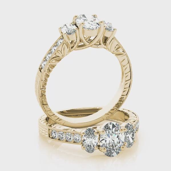 Vintage Trellis Tulip Channel Three stones Oval Engagement Ring