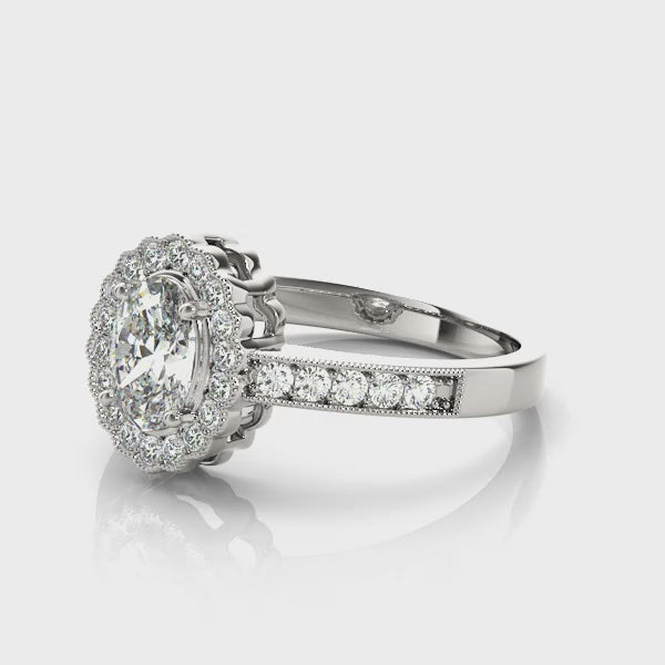 Vintage Floral Oval Halo Channel Engagement Ring