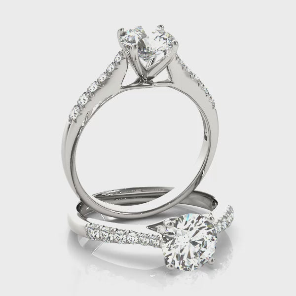 Four Prongs Tapered Pavé Cathedral Round Engagement Ring