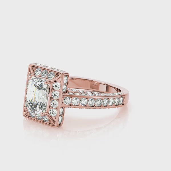 Halo Pavé Bridge Accent Emerald Cut Engagement Ring