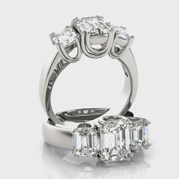 Three stones Double U Prong Emerald Cut Engagement Ring