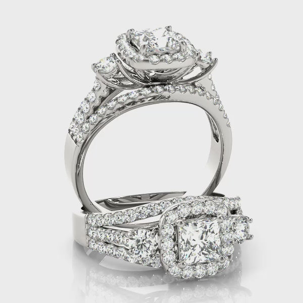 Three Stones Trellis Multi Rows Split Shank Princess Cut Engagement Ring